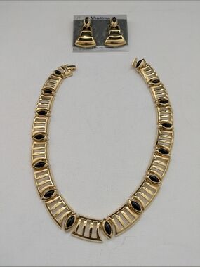 Vintage Vendome Gold Plated Necklace and Earring Set with Black Accents